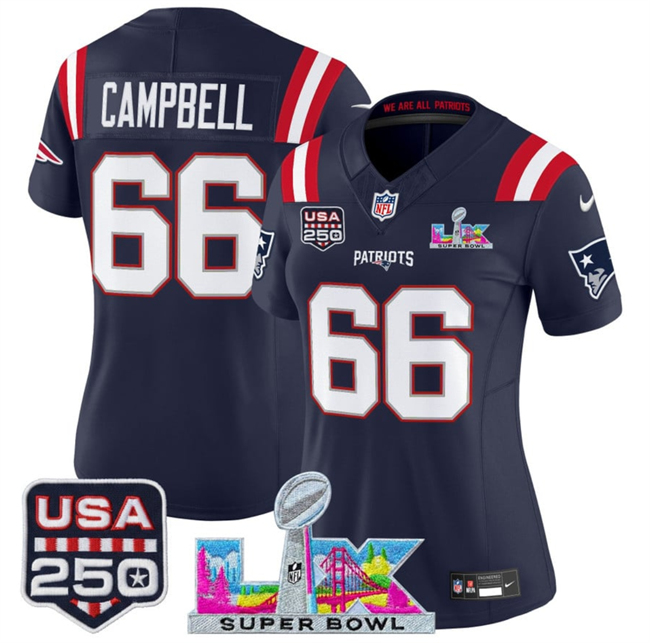 Women's New England Patriots #66 Will Campbell Navy 2025 F.U.S.E. Super Bowl LX Patch And USA 250' Patch Vapor Limited Football Stitched Jersey(Run Small)